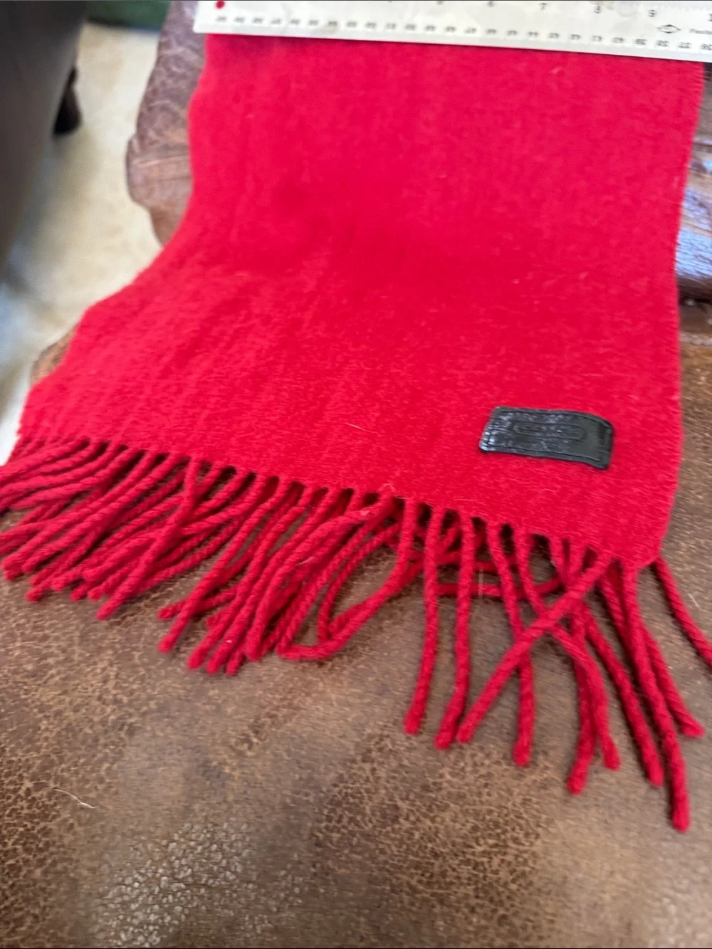 Coach Red Wool Fringe Scarf with Black Leather Logo Patch | Classic Winter Wrap